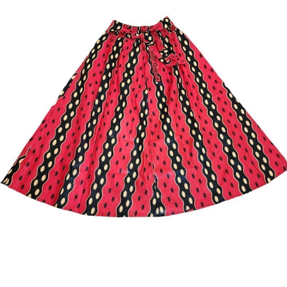 African Maxi Skirt Womens Free Size One Size Red Black Wax Print Tie Waist